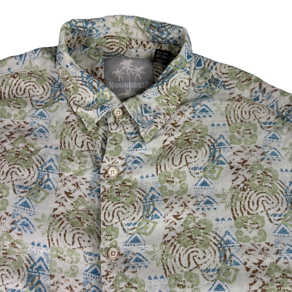 Margaritaville Silk/Linen Geometric Camp Shirt Beige Men's XL Resortwear Beach